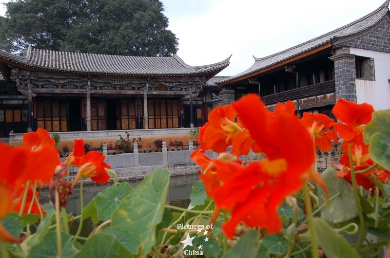 Temple and flowers